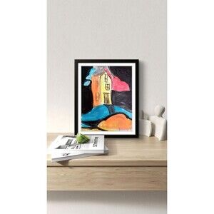 Original Abstract Folk Art Yellow House Painting Signed Acrylic Canvas Art